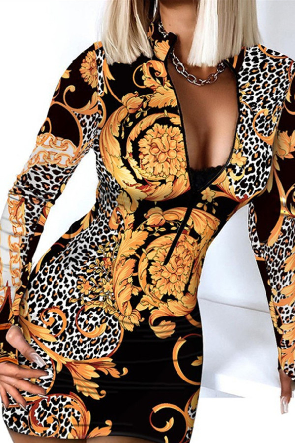 Estampado de leopardo Moda Casual Estampado básico Cuello con cremallera Vestidos de manga larga
