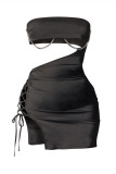 Черное сексуальное лоскутное платье с открытой спиной и без бретелек без рукавов