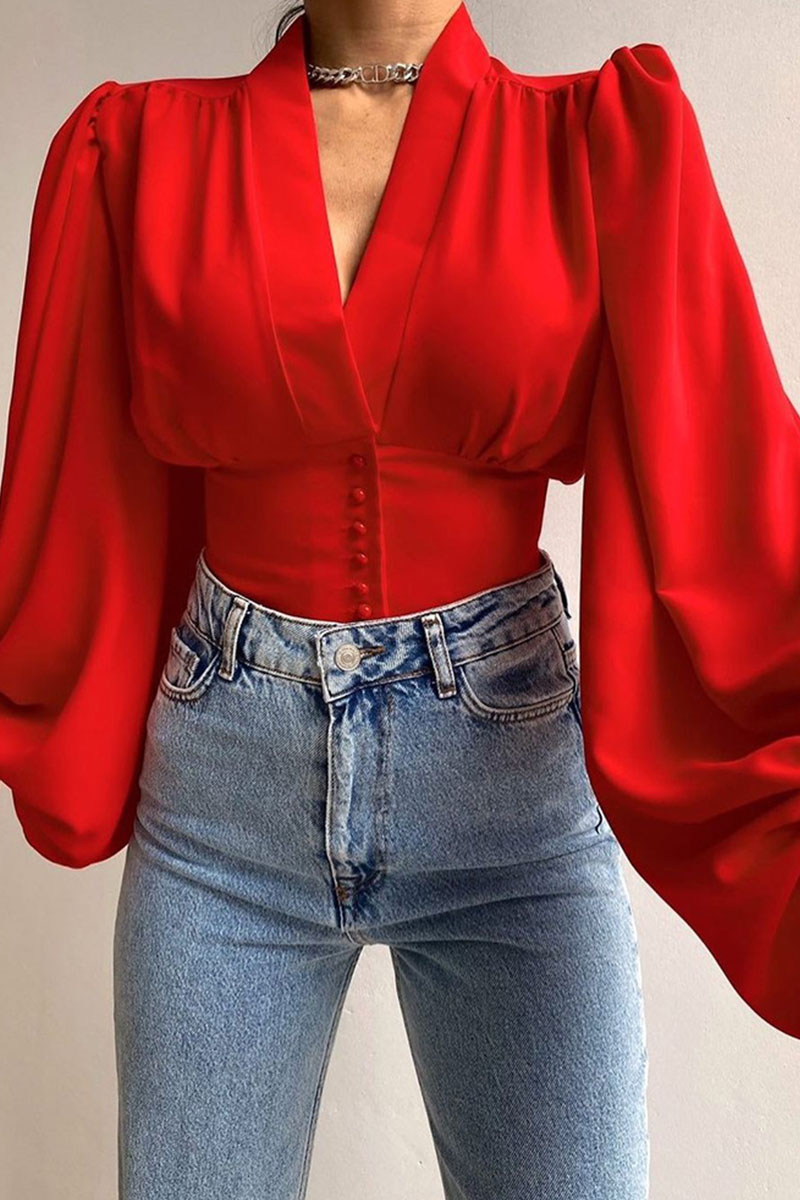 

Red Elegant Solid Split Joint V Neck Tops