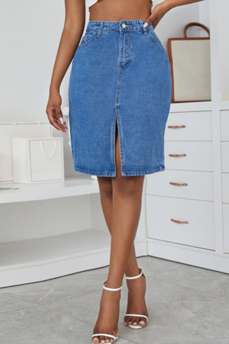 Medium Blue Casual Solid Split Joint Slit High Waist Straight Denim Skirts