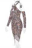 Black Sexy Print Solid Hollowed Out Draw String Backless Halter Long Sleeve Dresses