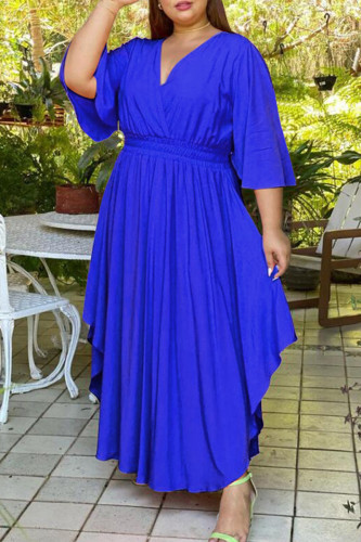 Blue Fashion Casual Plus Size Solid Basic V Neck Lantern Sleeve Long Dress