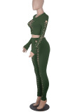 Army Green Sexy Solid Hollowed Out Patchwork O Neck Long Sleeve Two Pieces