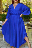 ブルーファッションカジュアルプラスサイズソリッドベーシックVネックランタンスリーブロングドレス