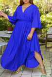 Blau Mode Casual Plus Size Solid Basic V-Ausschnitt Laternenärmel langes Kleid