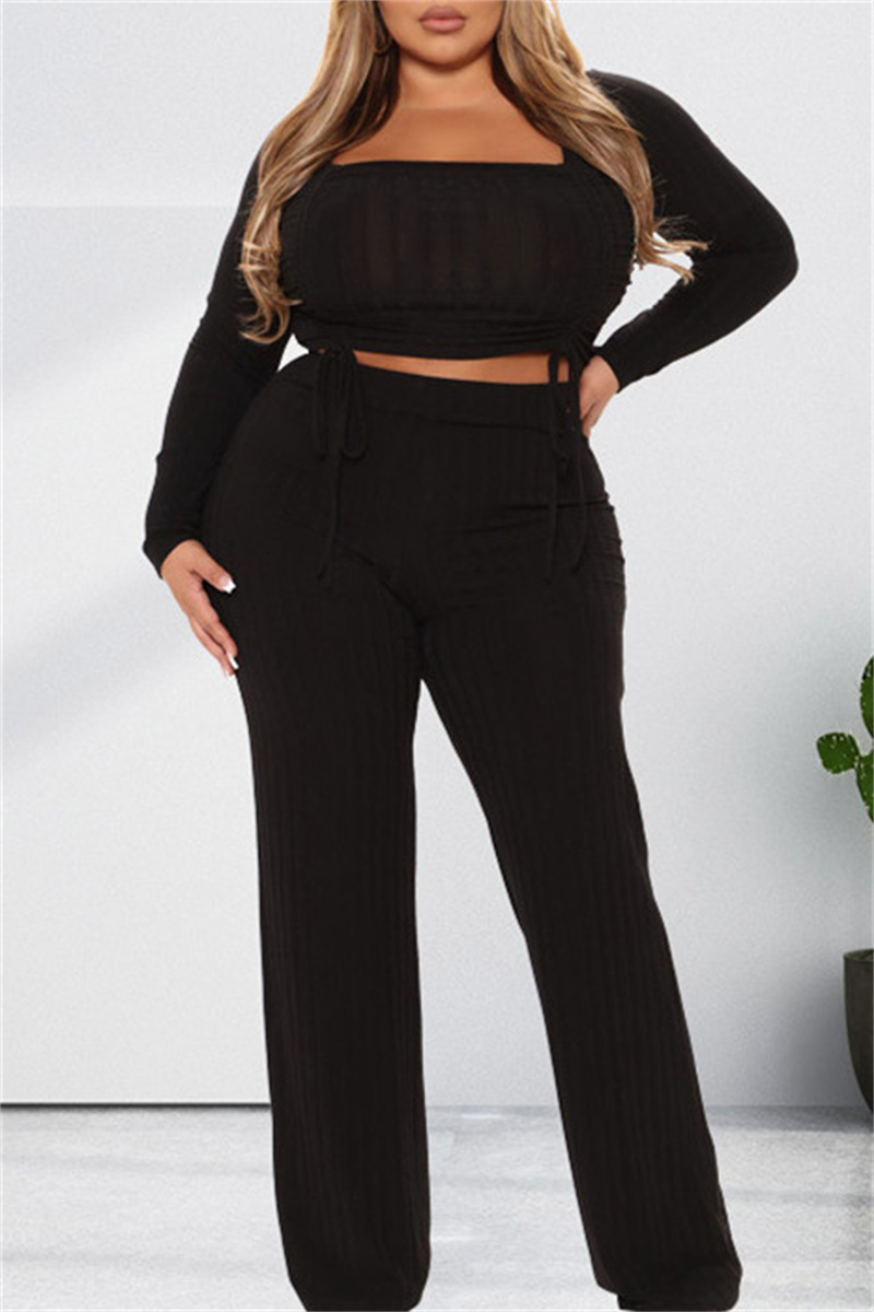 

Black Fashion Casual Solid Draw String Frenulum Square Collar Long Sleeve Two Pieces