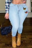 Mittelblaue, lässige, einfarbige Patchwork-Jeans mit hoher Taille und hoher Taille