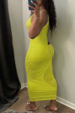 Yellow Sexy Solid Hollowed Out Patchwork Spaghetti Strap One Step Skirt Dresses