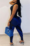 Синие модные повседневные базовые узкие брюки с высокой талией и принтом с принтом