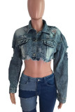 Deep Blue Casual Street Solid Make Old Patchwork Buckle Turndown Collar Long Sleeve Straight Ripped Cropped Denim Jacket