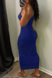 Синий сексуальный сплошной выдолбленный пэчворк спагетти ремень юбка на один шаг платья
