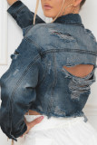 Diepblauw Casual Street Solid Ripped Make Old Patchwork Gesp Turndown Kraag Rechte spijkerjas met lange mouwen