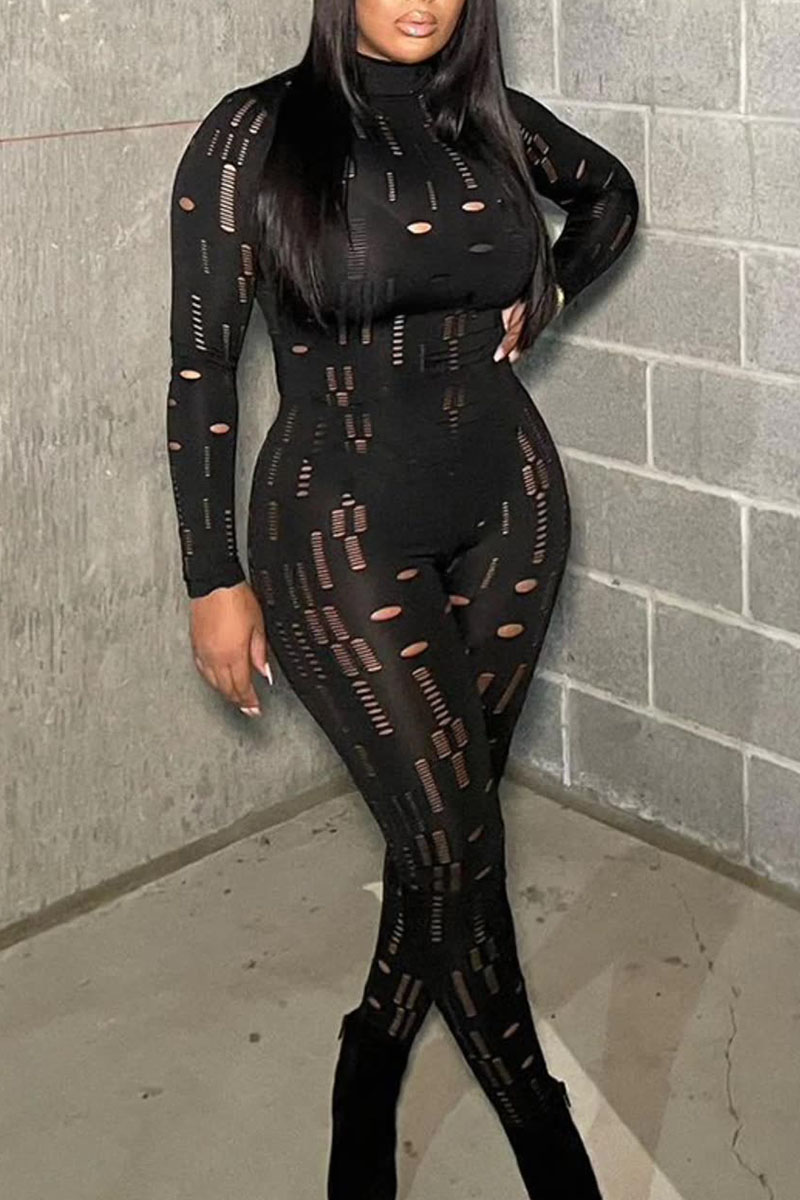 

Black Sexy Solid Hollowed Out Split Joint Half A Turtleneck Skinny Jumpsuits