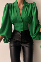 Blusas verdes elegantes sólidas em patchwork com decote em V