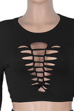 Black Sexy Solid Hollowed Out Patchwork O Neck Long Sleeve Two Pieces