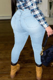 Hellblaue, lässige, solide, gestickte Patchwork-Jeans mit hoher Taille