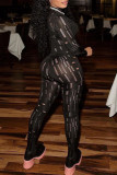 Zwarte sexy stevige uitgeholde patchwork halve coltrui magere jumpsuits