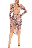 Leopard Print Sexy Print Solid Hollowed Out Draw String Backless Halter Long Sleeve Dresses