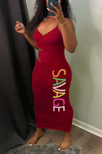 Red Sexy Solid Hollowed Out Split Joint Spaghetti Strap One Step Skirt Dresses