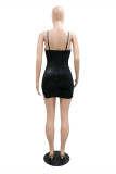 Black Sexy Patchwork Hot Drilling See-through Backless Square Collar Sling Dress Dresses