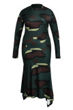 Camouflage Mode Casual Plus Size Camouflage Print Basic O-halstryckt klänning