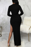 Vestidos de falda de un paso con cuello en V y abertura de patchwork sólido sexy negro