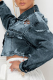 Djupblå Casual Street Solid Ripped Make Old Patchwork Spänne Turndown-krage Långärmad rak jeansjacka