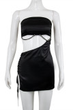 Black Sexy Patchwork Bandage Hollowed Out Backless Strapless Sleeveless Dress
