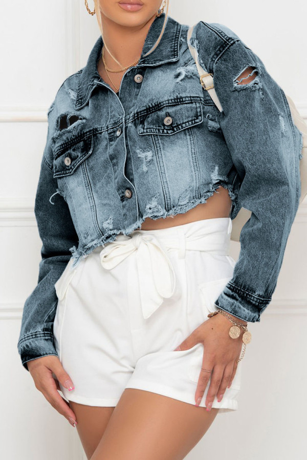 Deep Blue Casual Street Solid Make Old Patchwork Buckle Turndown Collar Long Sleeve Straight Ripped Cropped Denim Jacket
