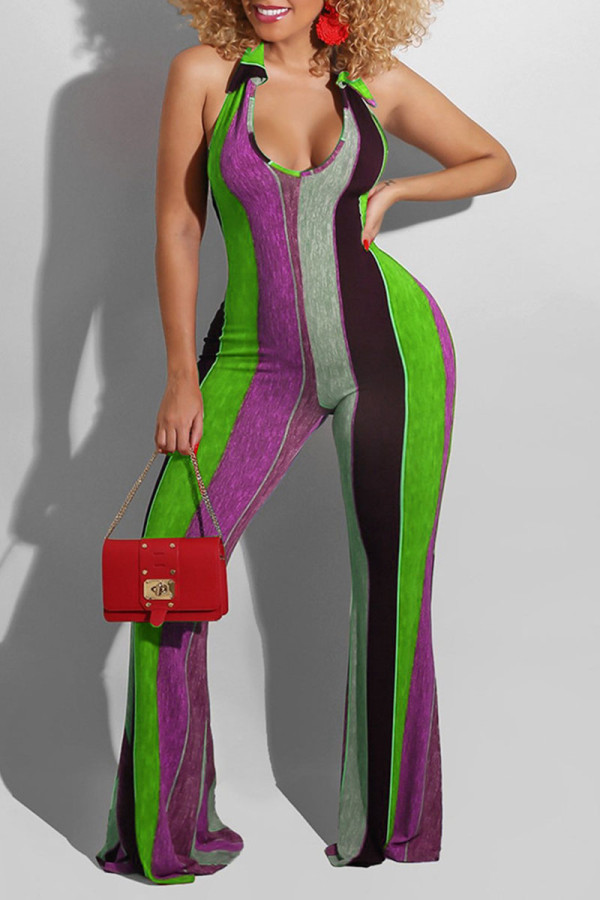 Paarse sexy gestreepte print bandage patchwork backless halter boot cut jumpsuits