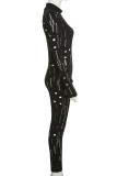Schwarzer, sexy, fester, ausgehöhlter Patchwork-Overall mit halbem Rollkragen