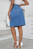 Medium Blue Casual Solid Patchwork Slit High Waist Straight Denim Skirts