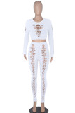 White Sexy Solid Hollowed Out Patchwork O Neck Long Sleeve Two Pieces