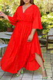Vestido largo de manga de linterna con cuello en V básico sólido de talla grande casual de moda rojo