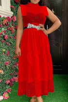 Röd mode sexig solid urholkad genomskinlig halv turtleneck ärmlös klänning (utan bälte)