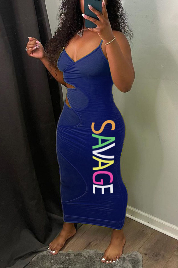 Синий сексуальный сплошной выдолбленный пэчворк спагетти ремень юбка на один шаг платья
