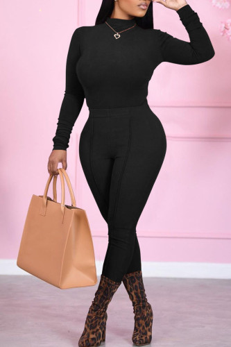 Black Casual Solid Patchwork O Neck Long Sleeve Two Pieces