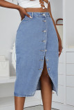 Gonne di jeans dritte a vita alta con fibbia patchwork solida casual blu moda