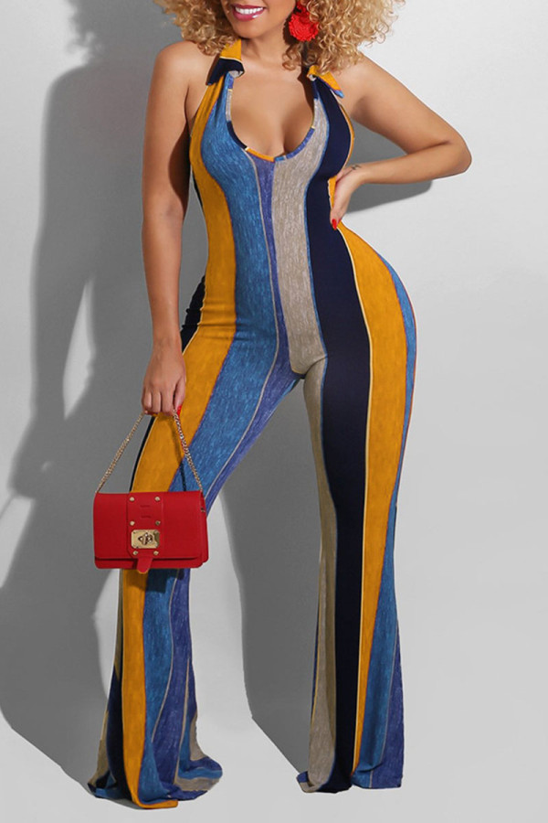 Tangerine Red Sexy Striped Print Bandage Patchwork Backless Halfter Boot Cut Jumpsuits