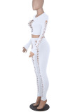 White Sexy Solid Hollowed Out Patchwork O Neck Long Sleeve Two Pieces