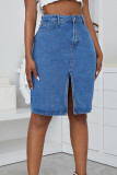 Mittelblaue, lässige, solide Patchwork-Jeansröcke mit Schlitz und hoher Taille und geradem Schnitt