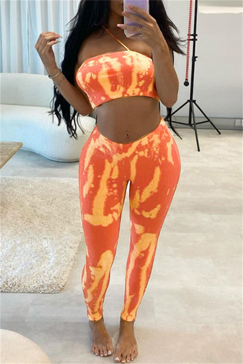 

Orange Sexy Casual Print Backless Strapless Sleeveless Two Pieces