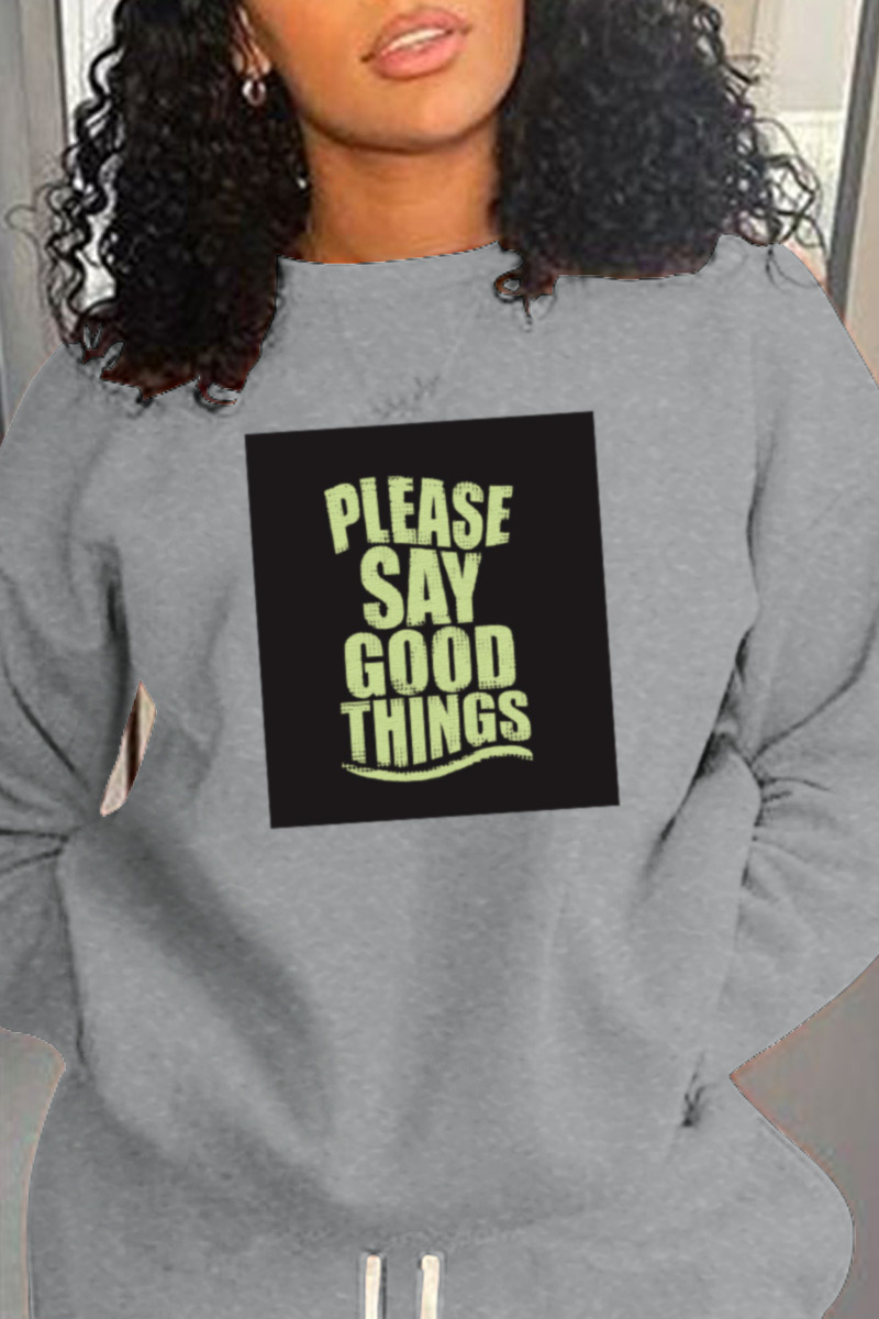 

Grey Fashion Daily Print Split Joint O Neck Tops