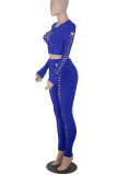 Colorful Blue Sexy Solid Hollowed Out Patchwork O Neck Long Sleeve Two Pieces