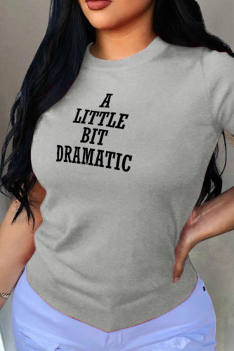 Grey Fashion Street Print Letter O Neck T-Shirts