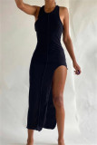 Черное сексуальное повседневное однотонное платье-жилет с круглым вырезом и разрезом