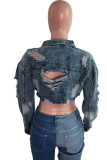 Deep Blue Casual Street Solid Ripped Make Old Patchwork Buckle Turndown Collar Long Sleeve Straight Denim Jacket