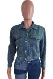 Deep Blue Casual Street Solid Tofs Patchwork Spänne Långärmad jeansjacka