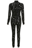 Schwarzer, sexy, fester, ausgehöhlter Patchwork-Overall mit halbem Rollkragen