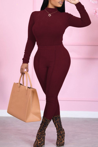Burgundy Casual Solid Patchwork O Neck Long Sleeve Two Pieces